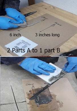 Carbon fiber stitch installation steps 3 and 4 - mix epoxy by hand and butter the stitch