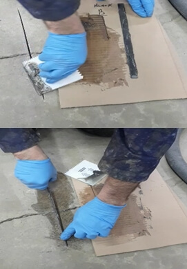 Carbon fiber stitch installation steps 5 and 6 - trowel epoxy into slot, press in stitch and smooth surface