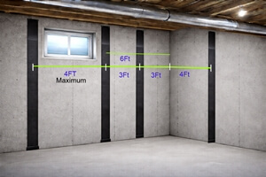 Carbon fiber strap placement guide for poured concrete foundation wall showing 4ft maximum strap spacing and correct positioning around window openings